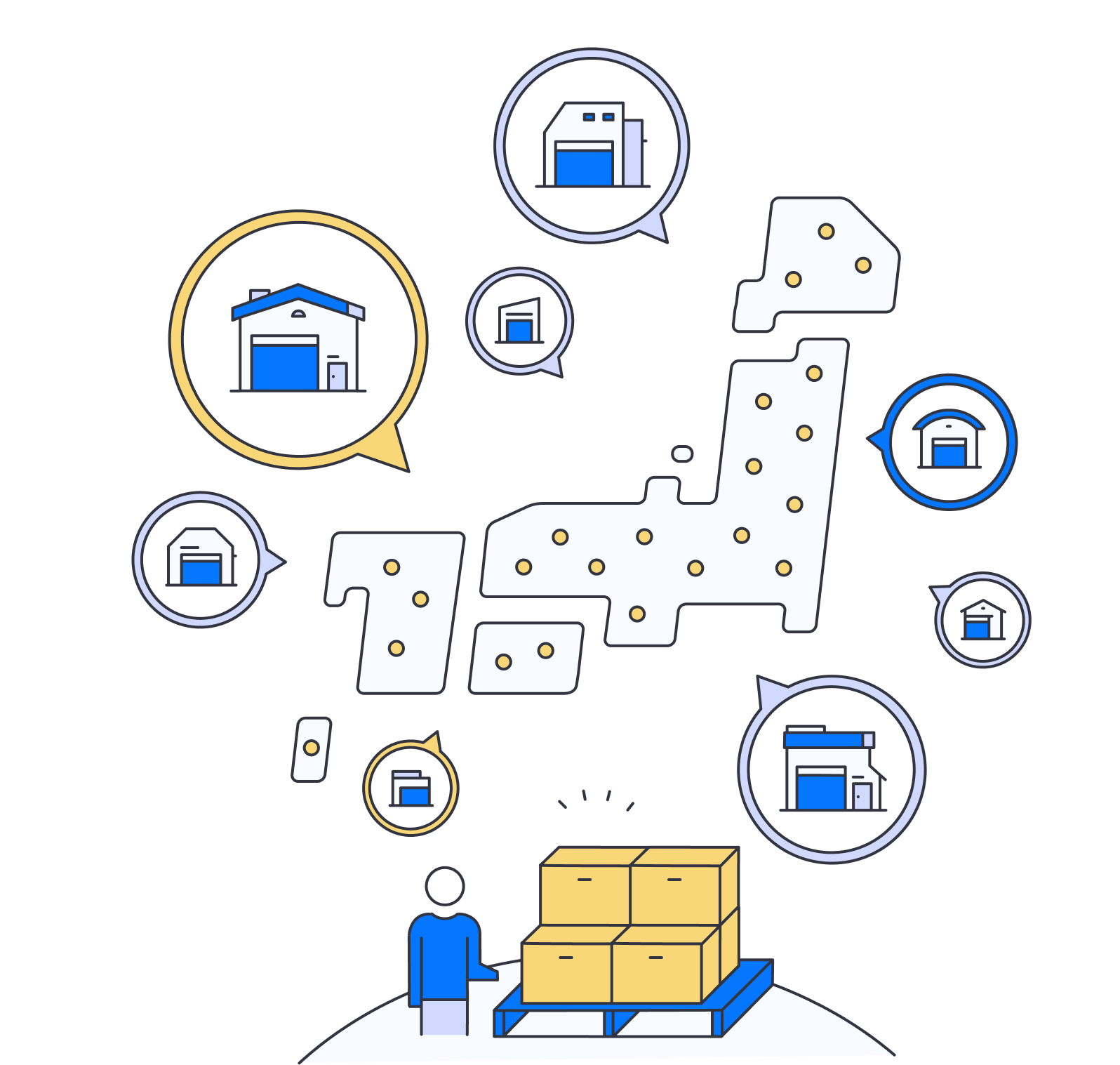 全国の倉庫ネットワークと荷物を運ぶ人物のイラスト